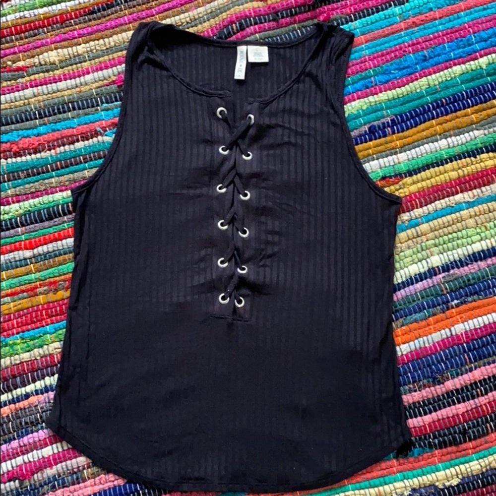 NWOT Black ribbed lace up front tank.